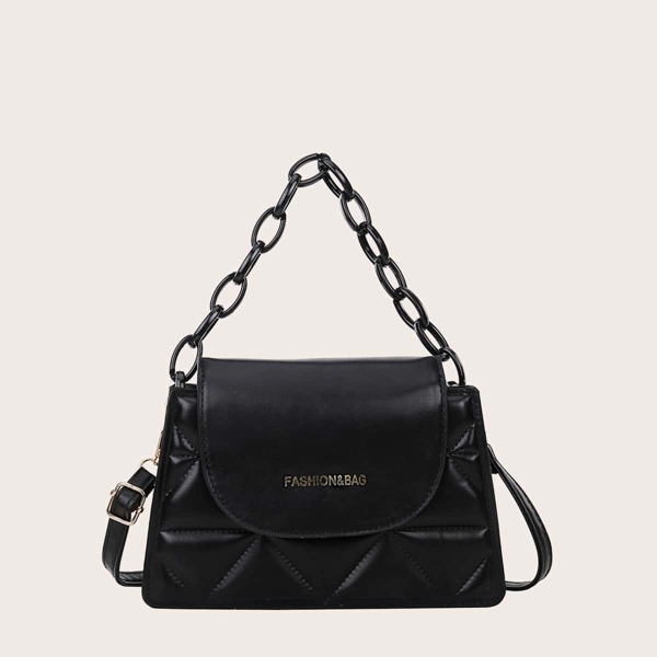 

Quilted Flap Chain Satchel Bag, Black
