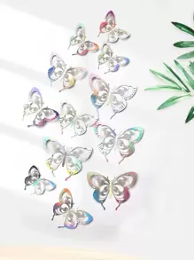 12入組鏤空金屬質感銀色PVC蝴蝶藝術牆貼適用於家居裝飾 - 彩色 - 查看 1