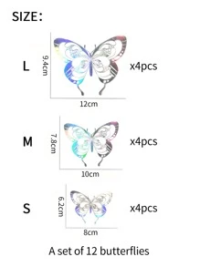 12入組鏤空金屬質感銀色PVC蝴蝶藝術牆貼適用於家居裝飾 - 彩色 - 查看 2