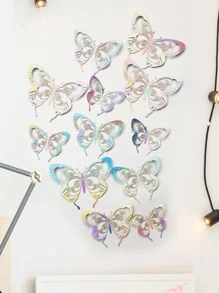 12入組鏤空金屬質感銀色PVC蝴蝶藝術牆貼適用於家居裝飾 - 彩色 - 查看 4