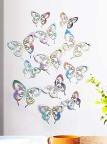 12入組鏤空金屬質感銀色PVC蝴蝶藝術牆貼適用於家居裝飾 - 彩色 - 查看 6