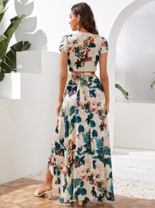 SHEIN VCAY Twist Front Tie Back Tropical Crop Top & Wrap Skirt Set - Multicolor - View 2