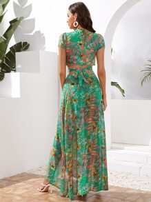 SHEIN VCAY 後扭結繫帶熱帶短版上衣和圍裹半身裙套裝 - 彩色 - 查看 2