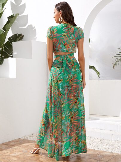 SHEIN VCAY Twist Front Tie Back Tropical Crop Top & Wrap Skirt Set