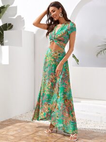 SHEIN VCAY 後扭結繫帶熱帶短版上衣和圍裹半身裙套裝 - 彩色 - 查看 4