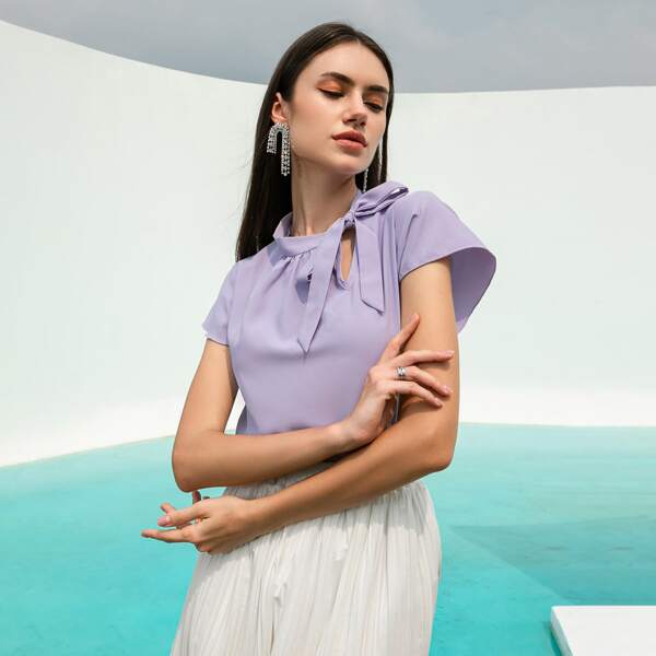 

Tie Neck Solid Blouse, Lilac purple
