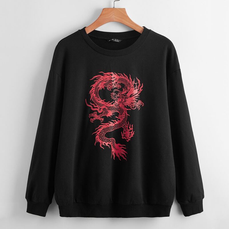 

Drop Shoulder Dragon Print Pullover, Black