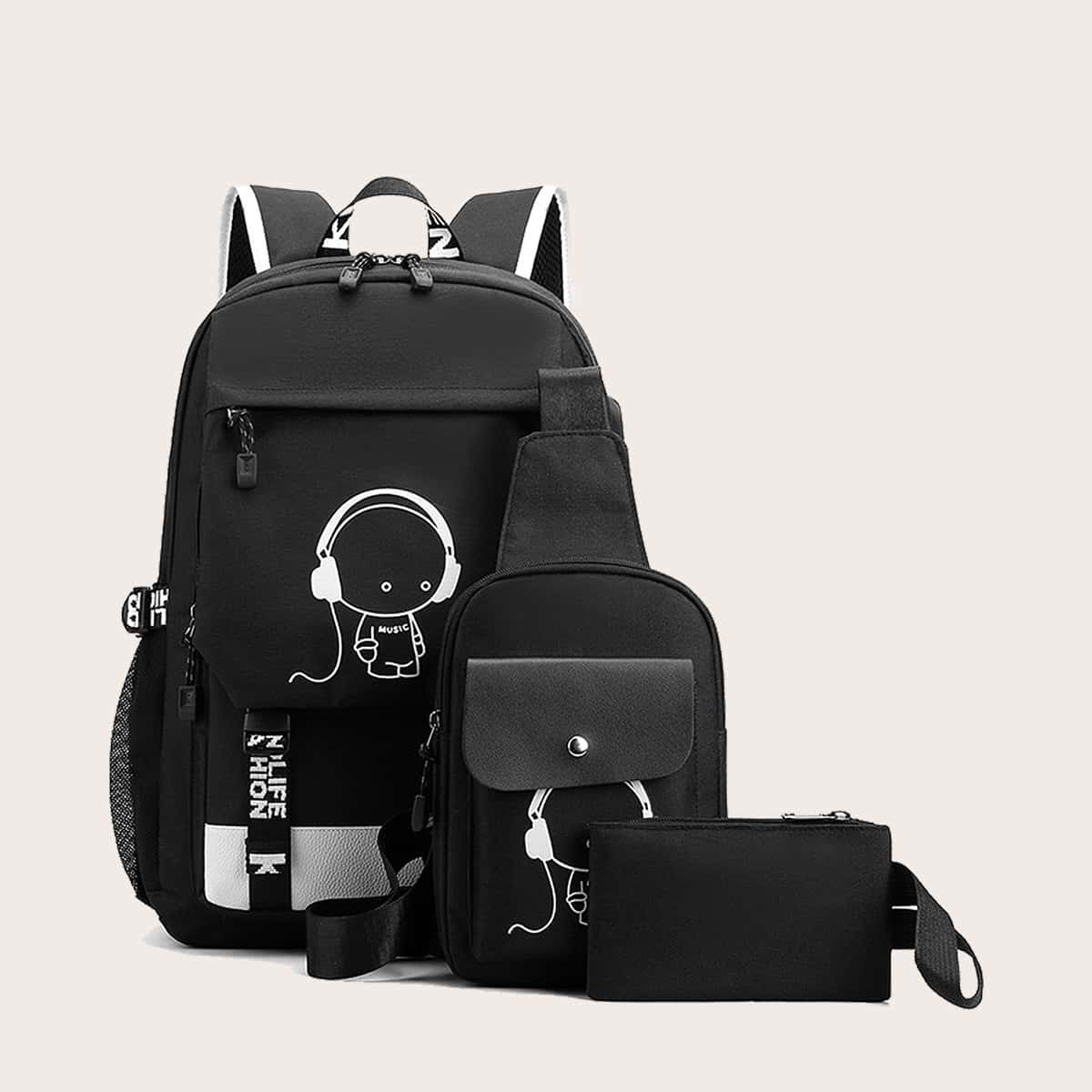 

3pcs Guys Cartoon Graphic Backpack Set, Black