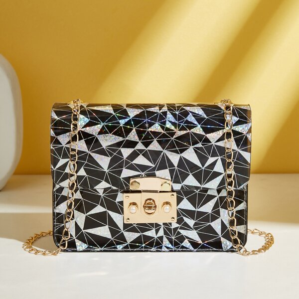 

Glitter Geometric Graphic Twist Lock Chain Bag, Black