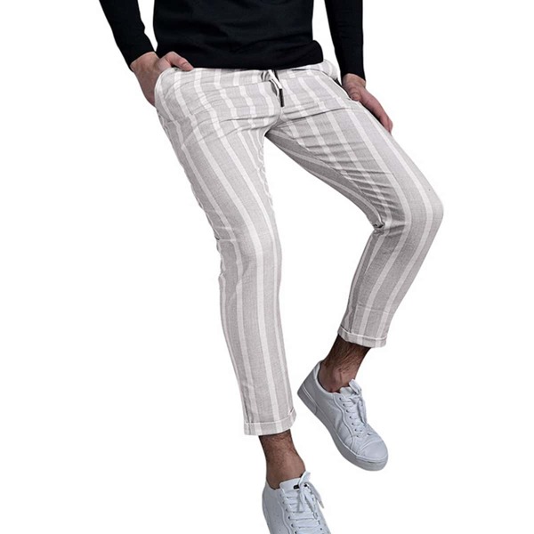 

Men Vertical Stripe Drawstring Pants, Light grey