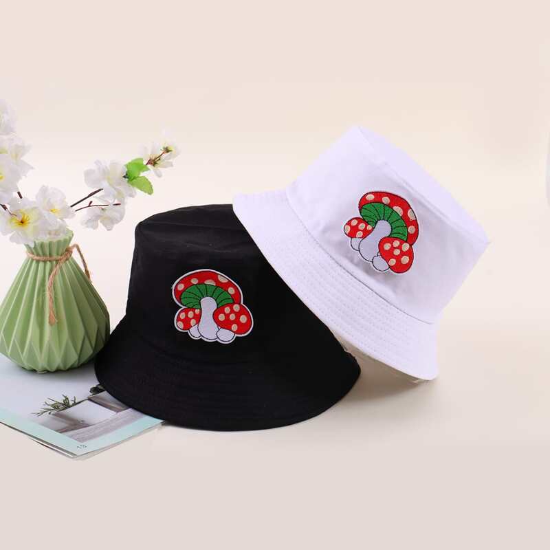 

2pcs Mushroom Print Bucket Hat, Black and white