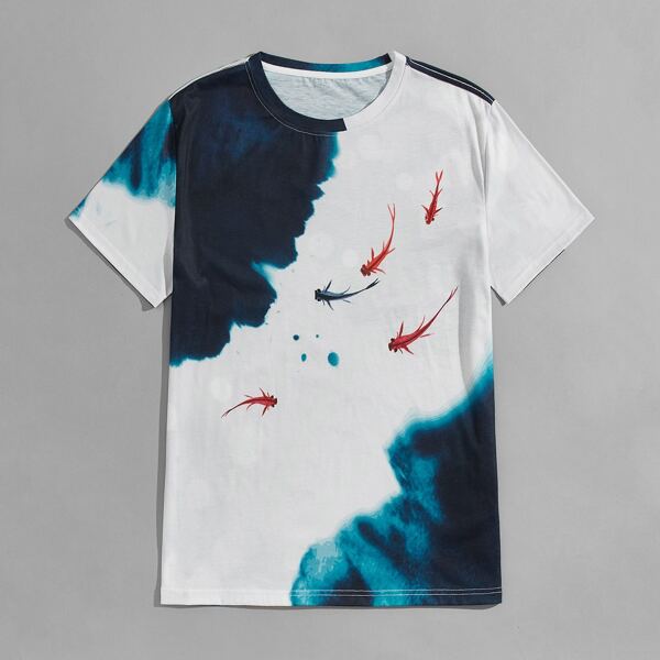 

Men Fish Print Colorblock Tee, Multicolor