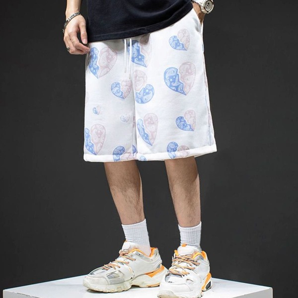 

Men Allover Heart Print Drawstring Shorts, White
