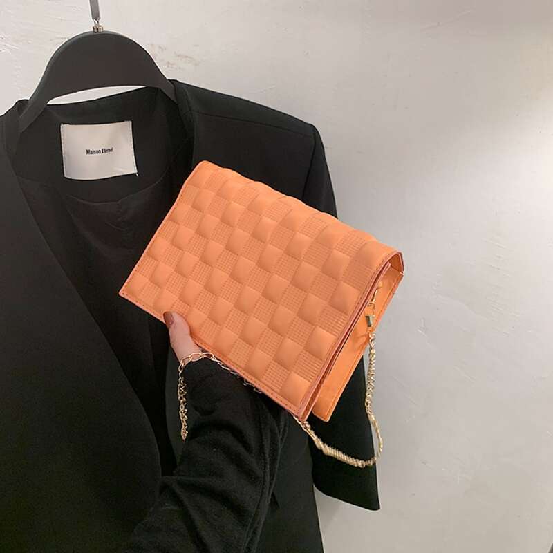 Plaid Embossed Chain Crossbody Bag, Orange