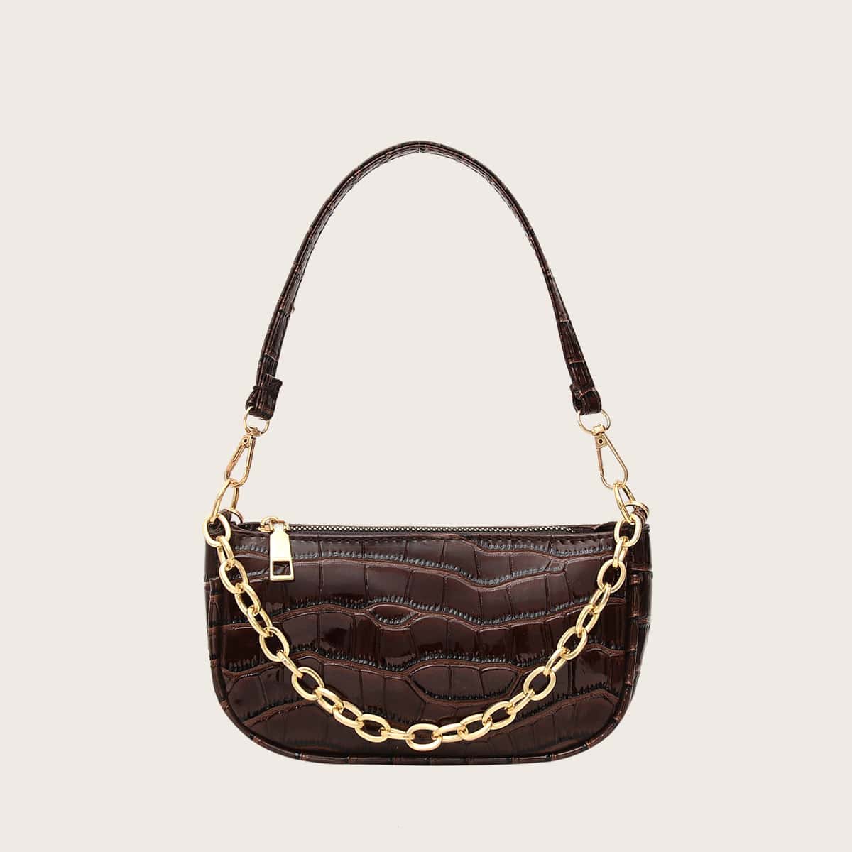 

Croc Embossed Chain Satchel Bag, Brown