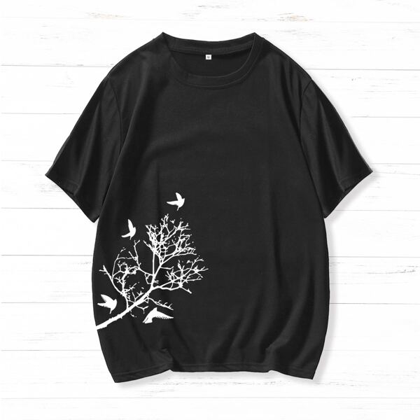 

Men Leaf & Bird Print Tee, Black