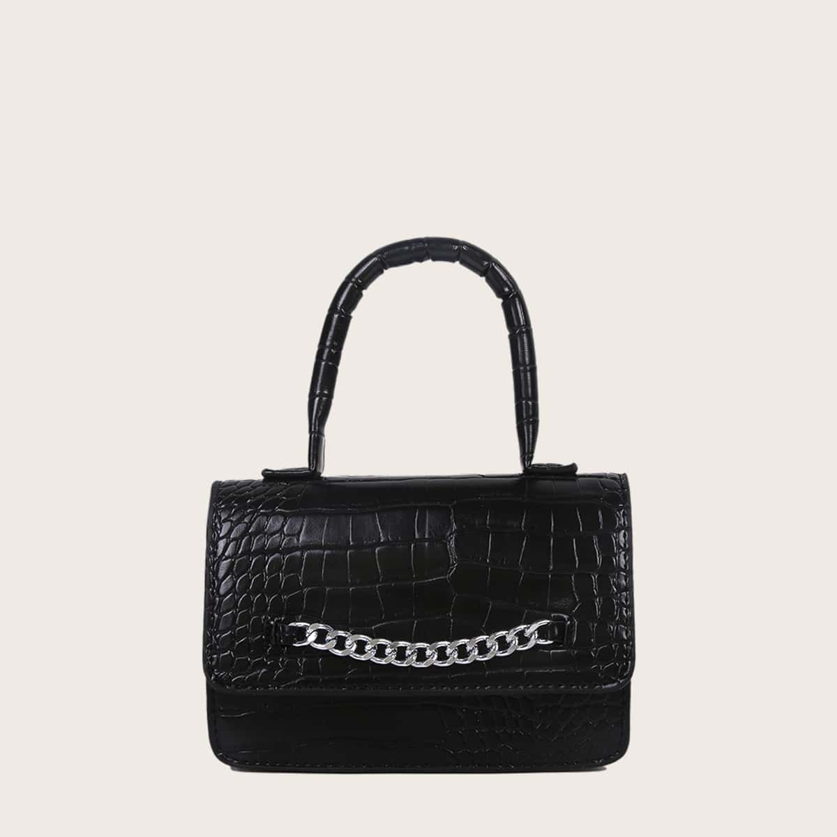 

Croc Embossed Chain Satchel Bag, Black