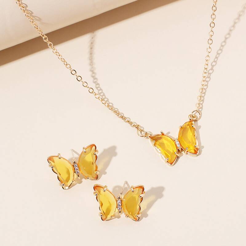 

1pair Butterfly Stud Earrings & 1pc Pendant Necklace, Yellow