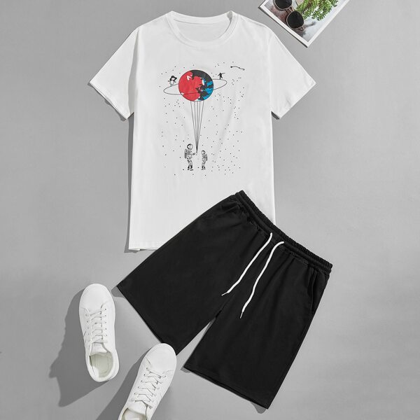 

Men Astronaut Print Tee With Track Shorts, Black and white