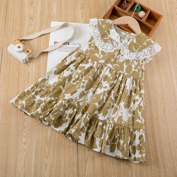 

Toddler Girls Floral Print Peter Pan Collar Dress, Mustard yellow