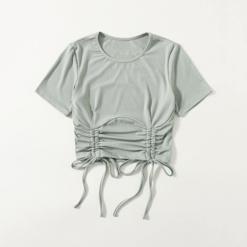 

Solid Drawstring Ruched Ribbed Tee, Mint green