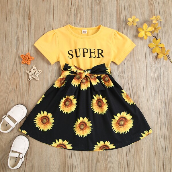 

Toddler Girls Sunflower Print Belted Spliced Dress, Multicolor