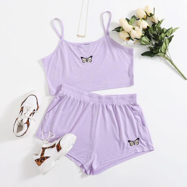 

Plus Butterfly Embroidery Cami Top & Track Shorts, Lilac purple