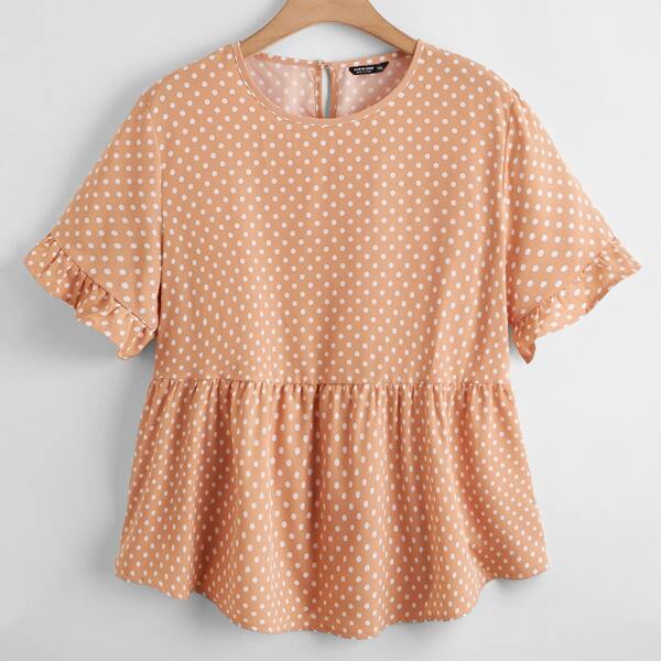 

Plus Polka Dot Ruffle Hem Blouse, Apricot