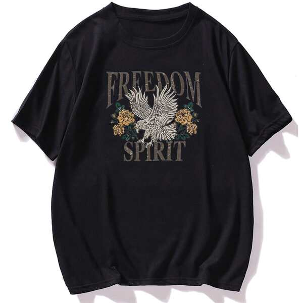 

Men Eagle And Flower Print Tee, Black