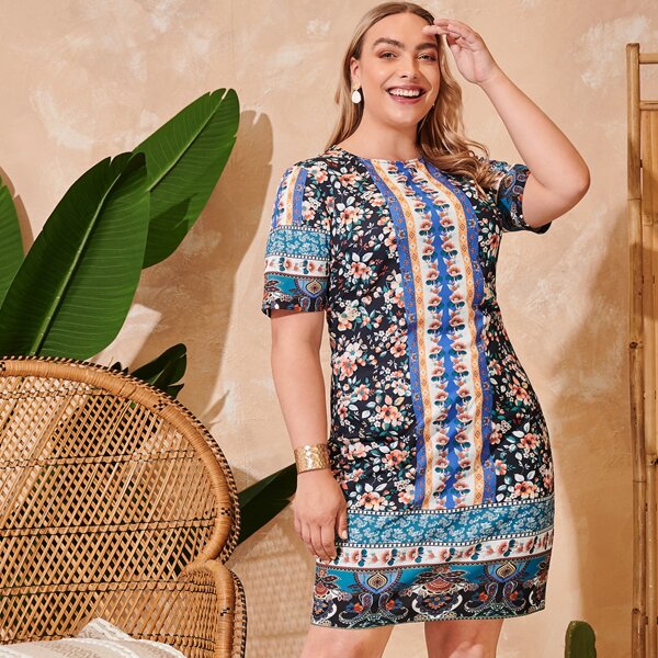 

Plus Round Neck Floral Print Dress, Multicolor