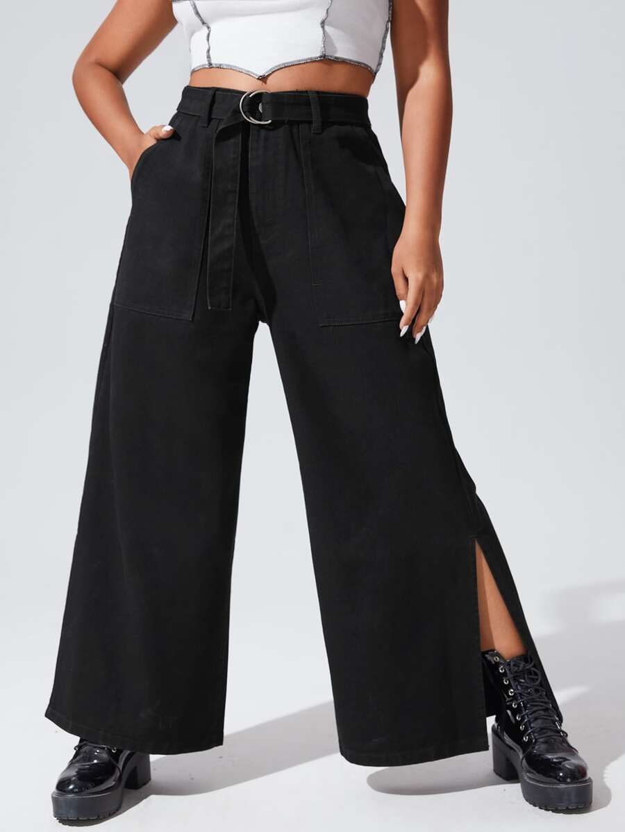 Jeans de pierna ancha con cinturón con abertura lateral - Negro - Ver 1