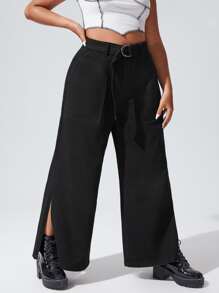 Jeans de pierna ancha con cinturón con abertura lateral - Negro - Ver 3