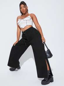 Jeans de pierna ancha con cinturón con abertura lateral - Negro - Ver 4