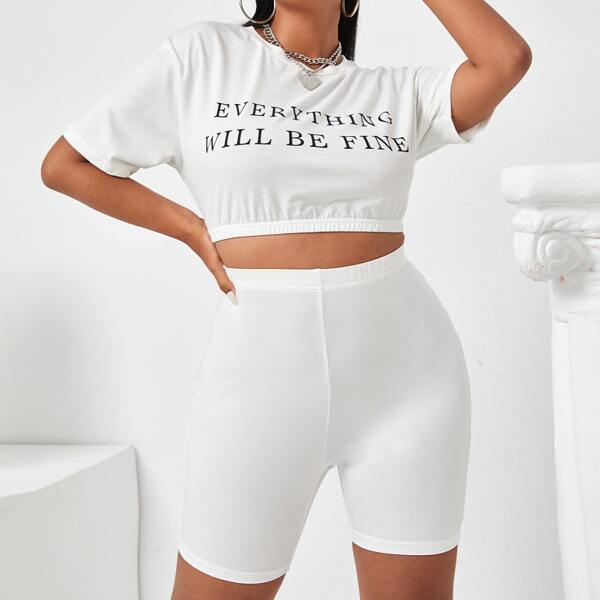 

Plus Slogan Graphic Tee & Biker Shorts, White