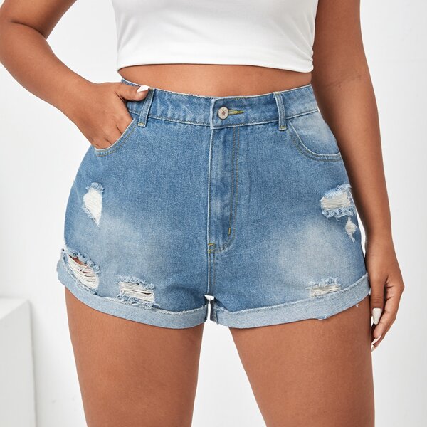 

Plus Washed Ripped Denim Shorts, Light wash