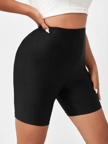 SHEIN Essnce Plus High Waist Solid Cycling Shorts - Black - View 1