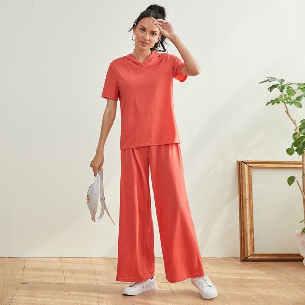 

Solid Drawstring Hooded Tee & Pants, Watermelon pink