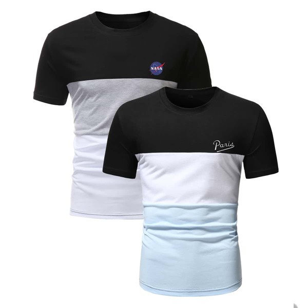 

Men 2pcs Colorblock & Letter Graphic Tee, Multicolor