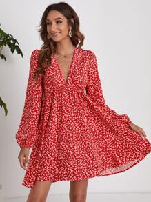 SHEIN LUNE 小碎花燈籠袖連衣裙 - 紅色 - 查看 1