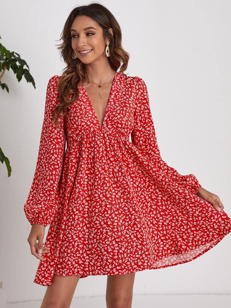 SHEIN LUNE 小碎花燈籠袖連衣裙 - 紅色 - 查看 1