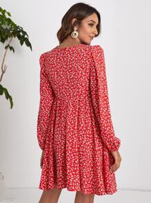 SHEIN LUNE 小碎花燈籠袖連衣裙 - 紅色 - 查看 2