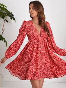 SHEIN LUNE 小碎花燈籠袖連衣裙 - 紅色 - 查看 3
