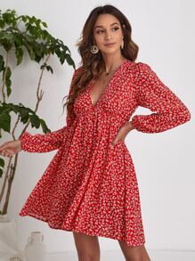SHEIN LUNE 小碎花燈籠袖連衣裙 - 紅色 - 查看 4