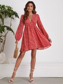 SHEIN LUNE 小碎花燈籠袖連衣裙 - 紅色 - 查看 5