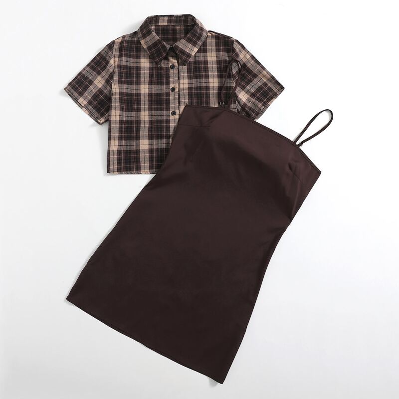 

Plaid Button Front Blouse & Solid Dress, Multicolor