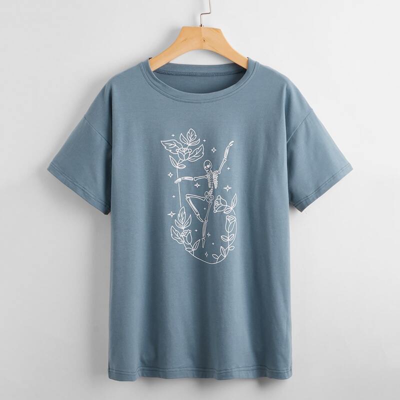 

Floral & Skull Graphic Tee, Dusty blue