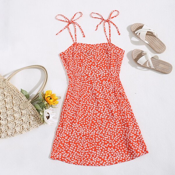 

Ditsy Floral Tie Shoulder Shirred Dress, Red and white