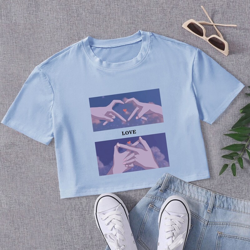 

Letter Heart Graphic Crop Tee, Baby blue