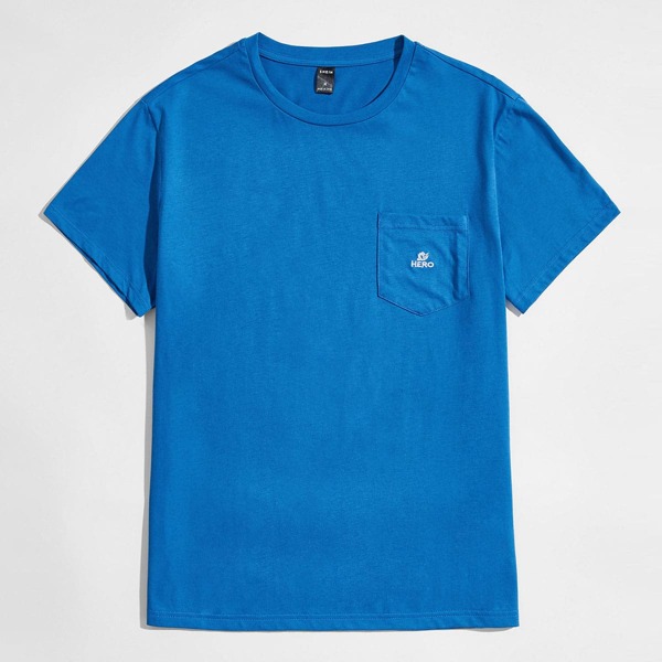 

Men Embroidery Letter Patch Pocket Tee, Blue