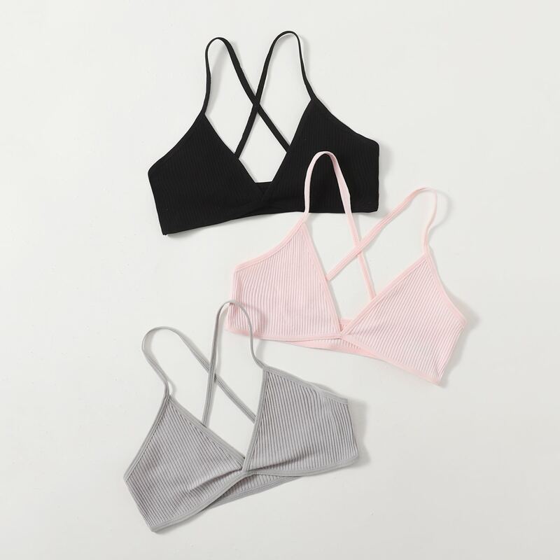 

3pack Criss Cross Ribbed Bra Set, Multicolor